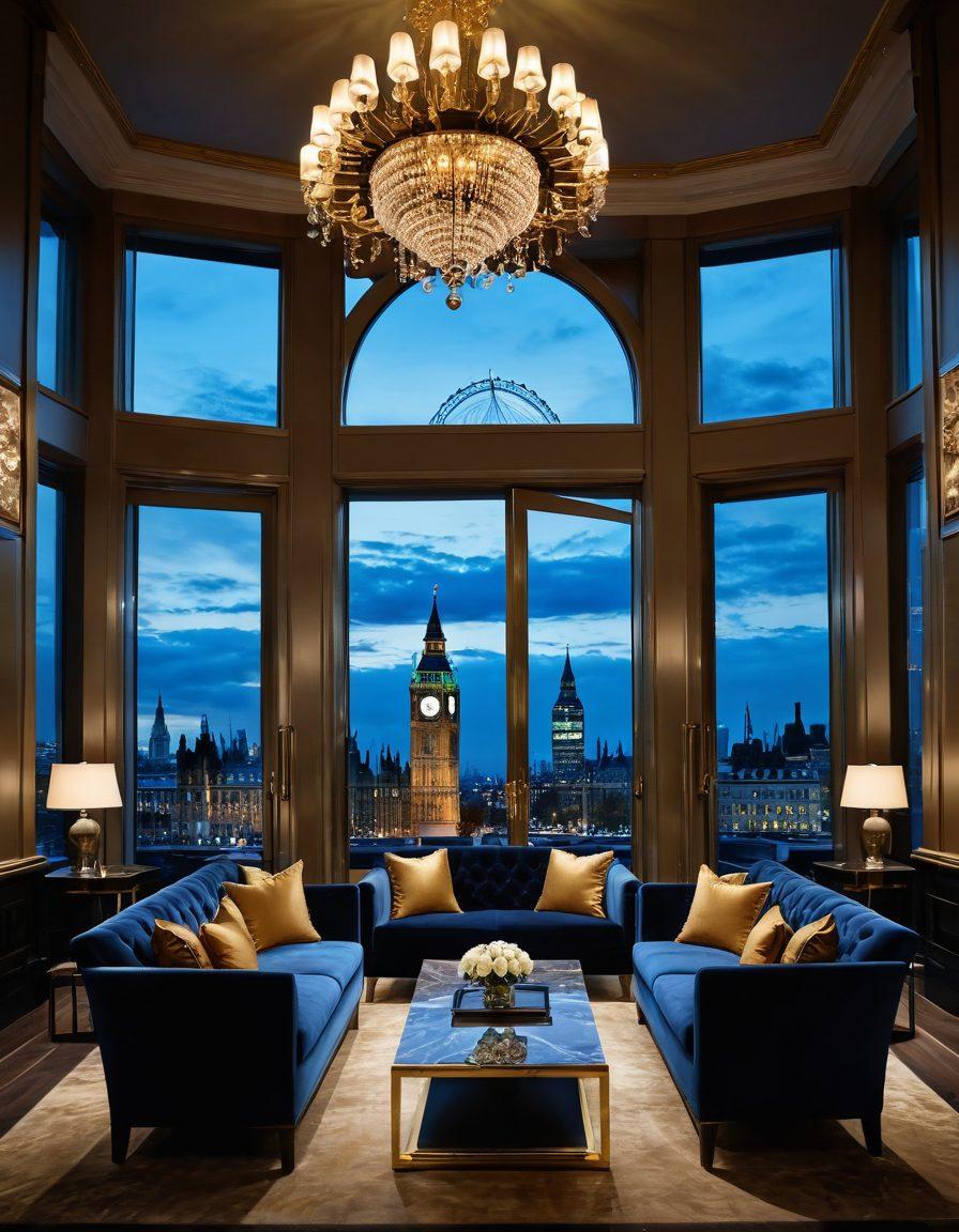 A luxurious hotel lobby with grand chandeliers, plush sofas, and elegant decor, showcasing a warm, welcoming ambiance. A view of the iconic London skyline through large windows, featuring the Big Ben and the London Eye. Guests in sophisticated attire enjoying complimentary drinks, exuding an air of exclusivity and comfort. Soft gold and deep navy colors enhance the warmth and opulence of the scene. super-realistic. vibrant colors. 3D.