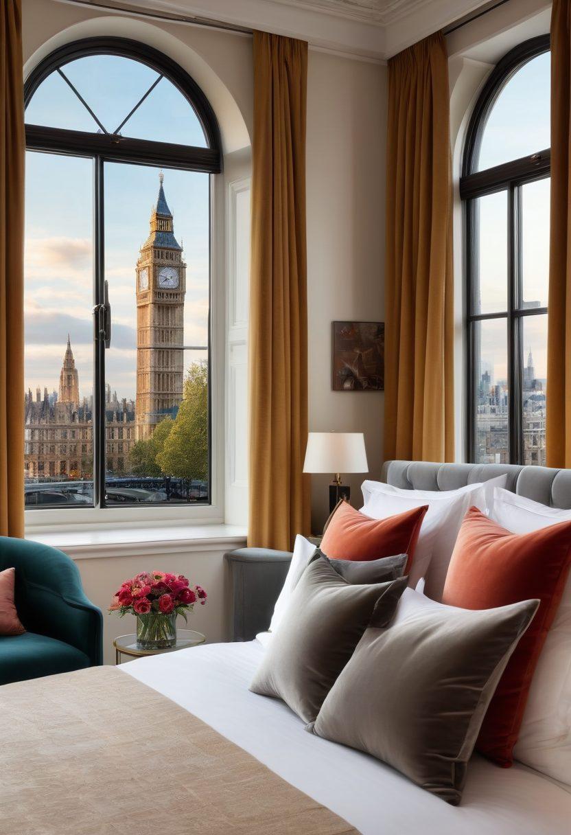 A luxurious hotel room in Central London featuring a plush king-size bed with soft linens, velvet cushions, and an elegant window with a view of iconic landmarks like Big Ben and the London Eye. Include a cozy seating area with modern decor, fresh flowers, and warm ambient lighting, creating a welcoming atmosphere. Emphasize comfort and upscale style. super-realistic. vibrant colors. white background.