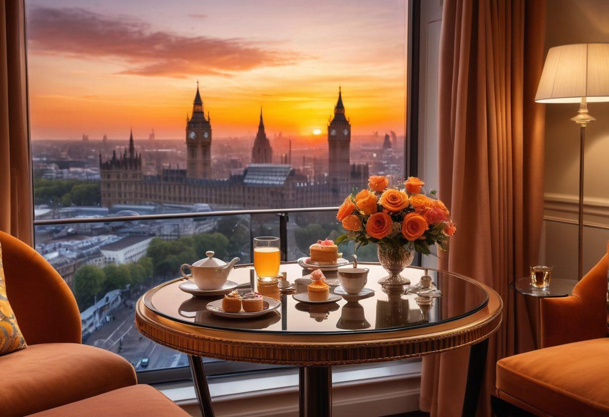 A lavish hotel room overlooking iconic London landmarks like Big Ben and the London Eye, elegantly furnished with plush amenities, a balcony adorned with blooming flowers, and afternoon tea set up on a table. The skyline features a vibrant sunset casting warm hues over the city, accentuating the luxury feel. super-realistic. warm colors. vibrant sunset.